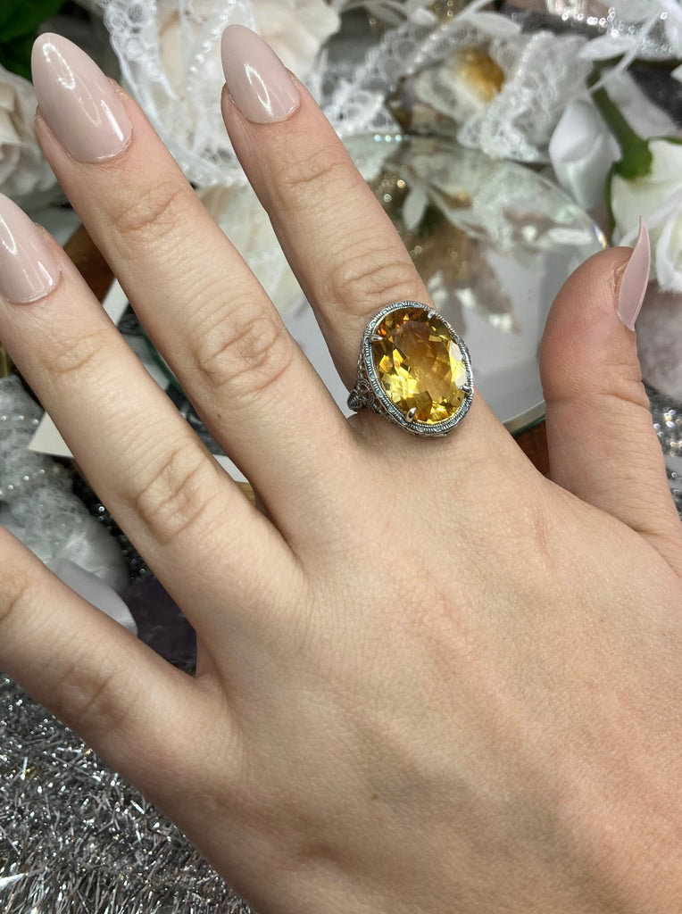 Natural Yellow Citrine Ring, Persian Art Deco Ring, Vintage Jewelry, Sterling Silver, Silver Embrace Jewelry D230
