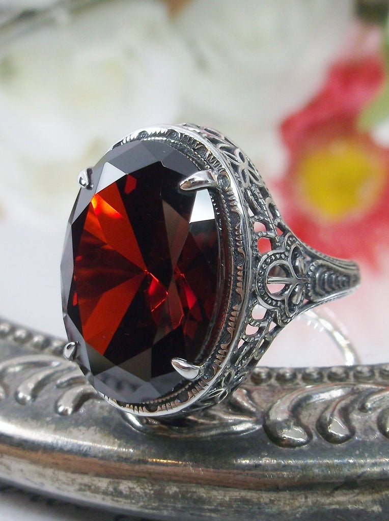 Red Garnet CZ Ring, Red Cubic Zirconia Persian Art Deco Ring, Vintage Jewelry, Sterling Silver, Silver Embrace Jewelry D230