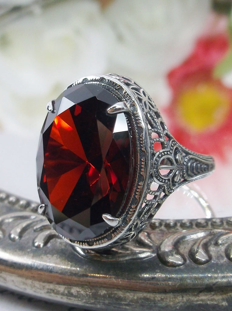 Red Garnet CZ Ring, Persian Art Deco Ring, Vintage Jewelry, Sterling Silver, Silver Embrace Jewelry D230