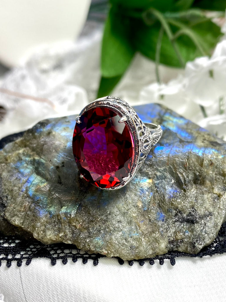 Red Ruby Ring, Persian Art Deco Ring, Vintage Jewelry, Sterling Silver, Silver Embrace Jewelry D230