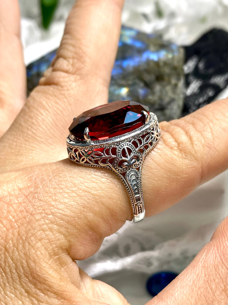 Red Ruby Ring, Persian Art Deco Ring, Vintage Jewelry, Sterling Silver, Silver Embrace Jewelry D230