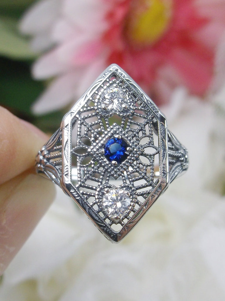 Blue Sapphire Ring, Sterling Silver Filigree, Charlotte design, vintage jewelry, Silver Embrace Jewelry, D231