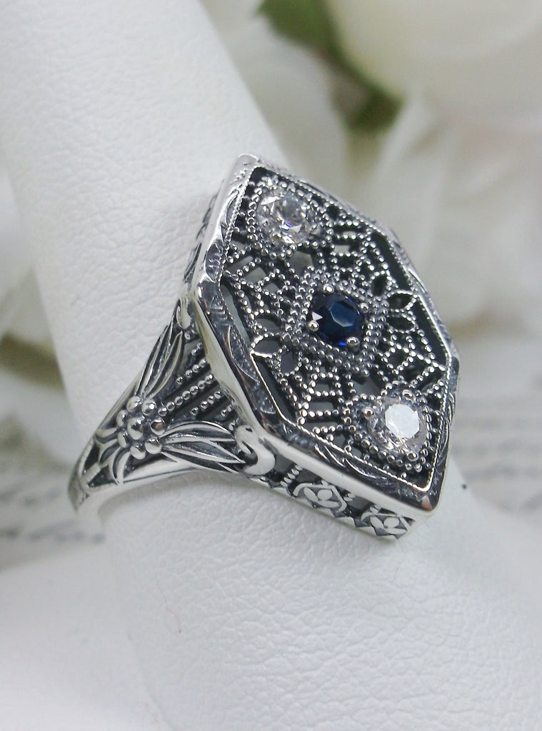 Blue Sapphire Ring, Sterling Silver Filigree, Charlotte design, vintage jewelry, Silver Embrace Jewelry, D231
