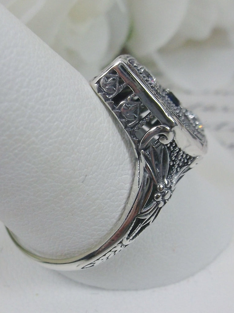 Sapphire & White CZ Ring, 3 gems, Delicate Silver Web Filigree, Art Deco Jewelry D231