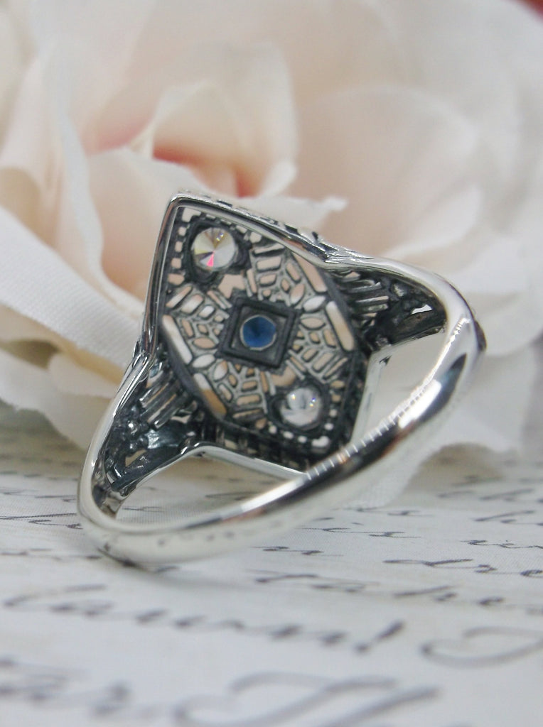 Sapphire & White CZ Ring, 3 gems, Delicate Silver Web Filigree, Art Deco Jewelry D231