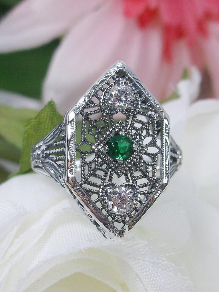 Green Emerald & White Cubic Zirconia (CZ) Ring, Charlotte Design, Sterling Silver Filigree, Vintage Jewelry, Silver Embrace Jewelry, D231