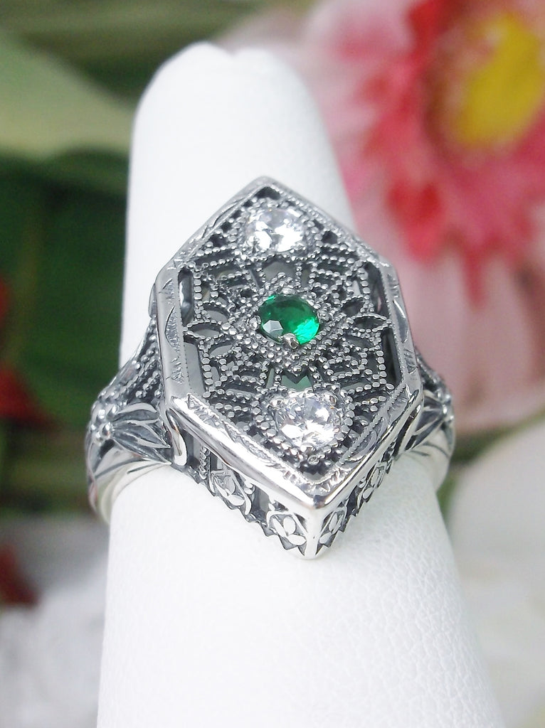 Green Emerald & White Cubic Zirconia (CZ) Ring, Charlotte Design, Sterling Silver Filigree, Vintage Jewelry, Silver Embrace Jewelry, D231