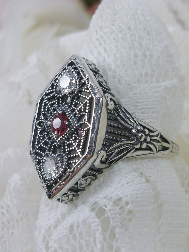 Red Ruby and White cubic zirconia (CZ) Ring, Charlotte design, sterling silver filigree, vintage jewelry, Silver Embrace Jewelry, D231