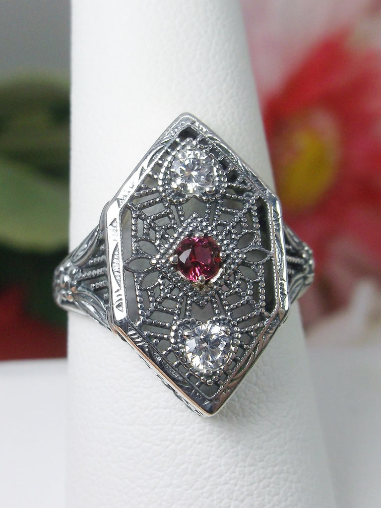 Red Ruby and White cubic zirconia (CZ) Ring, Charlotte design, sterling silver filigree, vintage jewelry, Silver Embrace Jewelry, D231