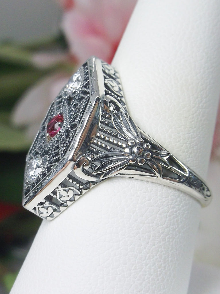 Red Ruby and White cubic zirconia (CZ) Ring, Charlotte design, sterling silver filigree, vintage jewelry, Silver Embrace Jewelry, D231