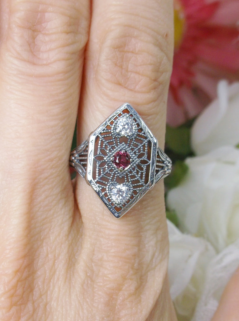 Red Ruby and White cubic zirconia (CZ) Ring, Charlotte design, sterling silver filigree, vintage jewelry, Silver Embrace Jewelry, D231