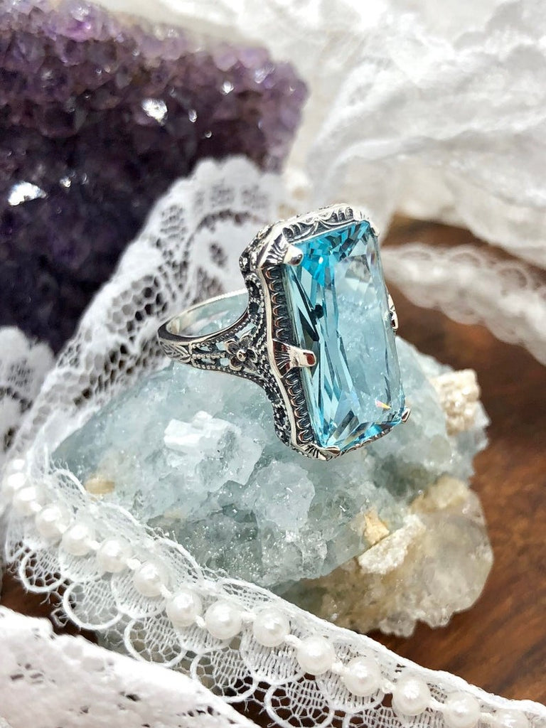 Simulated Aquamarine Ring, Edwardian Jewelry, Sterling silver filigree, Silver Embrace Jewelry D232