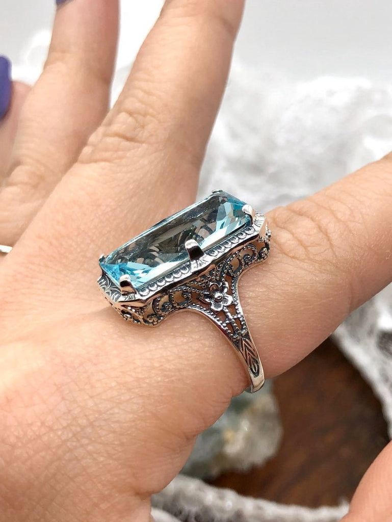 Simulated Aquamarine Ring, Edwardian Jewelry, Sterling silver filigree, Silver Embrace Jewelry D232