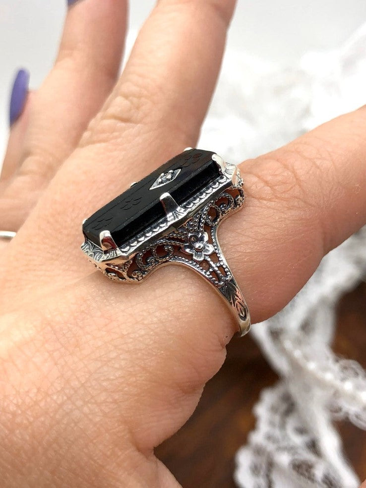 Black Camphor Glass Ring with White CZ inset, Edwardian Jewelry, Silver Embrace Jewelry D232