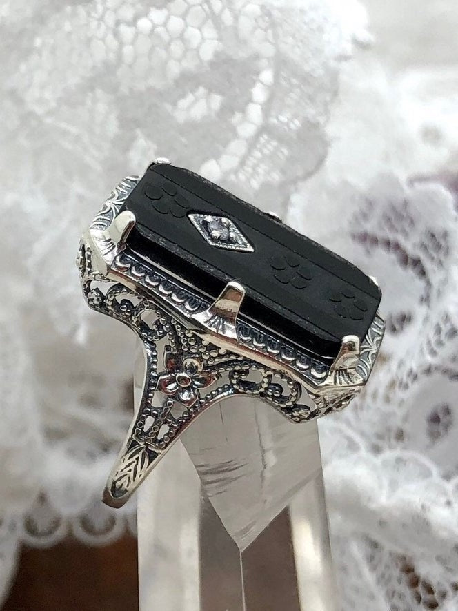 Black Camphor Glass Ring with White CZ inset, Edwardian Jewelry, Silver Embrace Jewelry D232