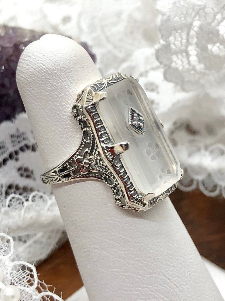 Ring, frosted white carved camphor glass, sterling silver filigree, 1915 design #D232, Silver Embrace Jewelry
