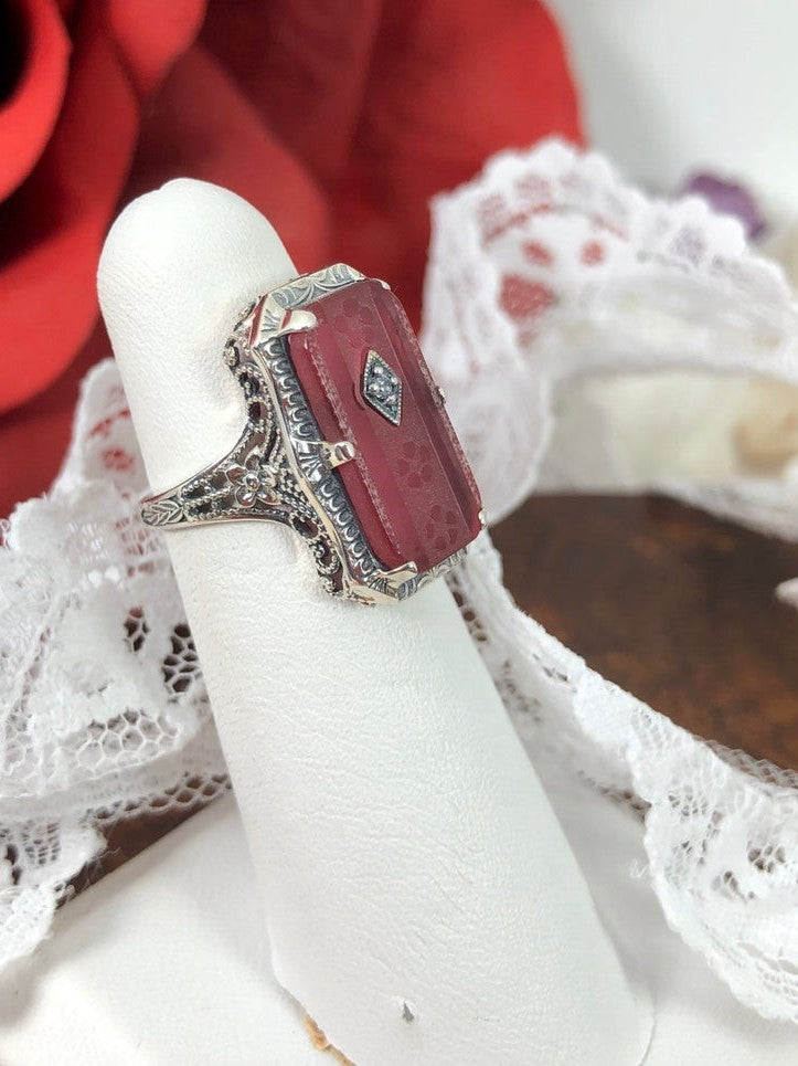 Pink Camphor Glass Ring with choice of White CZ, lab moissanite, or genuine diamond inset gem, Edwardian Jewelry, Silver Embrace Jewelry D232