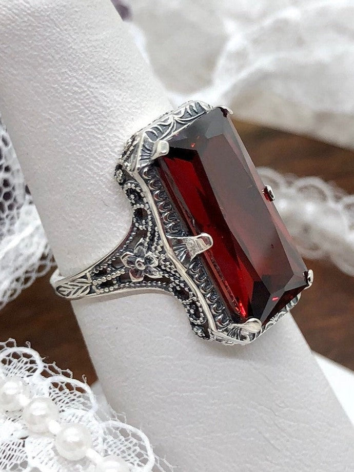 Red Garnet Ring, Sterling Silver Filigree, Vintage 1915 Jewelry, Silver Embrace Jewelry, D232