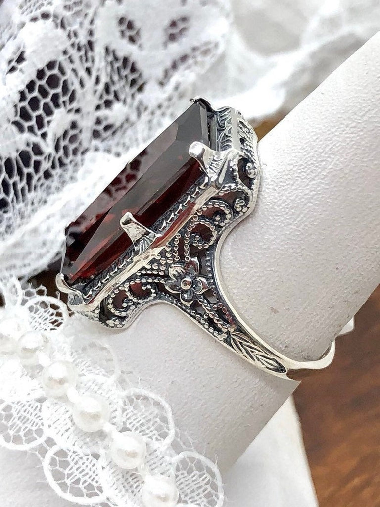 Red Garnet Ring, Sterling Silver Filigree, Vintage 1915 Jewelry, Silver Embrace Jewelry, D232