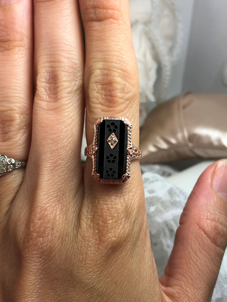 Black Camphor Glass Ring, Rose gold over sterling silver, with Inset Gem; choice of White CZ, Lab Moissanite, or Genuine Diamond, Edwardian Jewelry, Silver Embrace Jewelry D232