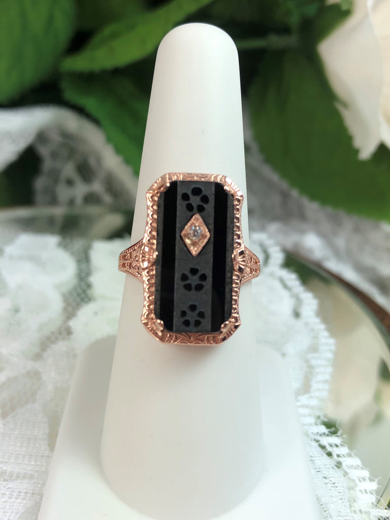 Black Camphor Glass Ring, Rose gold over sterling silver, with Inset Gem; choice of White CZ, Lab Moissanite, or Genuine Diamond, Edwardian Jewelry, Silver Embrace Jewelry D232