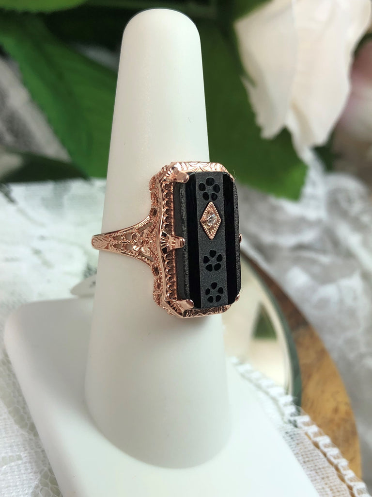 Black Camphor Glass Ring, Rose gold over sterling silver,  with Inset Gem; choice of White CZ, Lab Moissanite, or Genuine Diamond, Edwardian Jewelry, Silver Embrace Jewelry D232