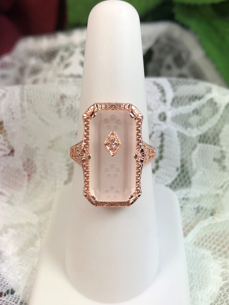Camphor Glass Ring, Rose gold over sterling silver, with Inset Gem; choice of White CZ, Lab Moissanite, or Genuine Diamond, Edwardian Jewelry, Silver Embrace Jewelry D232