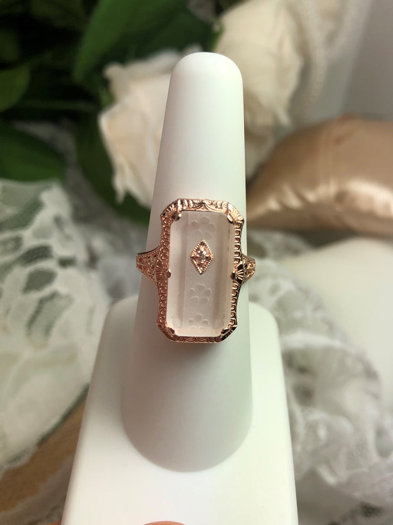 Camphor Glass Ring, Rose gold over sterling silver, with Inset Gem; choice of White CZ, Lab Moissanite, or Genuine Diamond, Edwardian Jewelry, Silver Embrace Jewelry D232