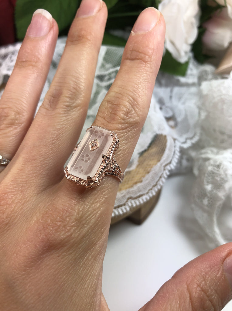 Ring, frosted white carved camphor glass, rose gold plated sterling silver filigree, 1915 design #D232, Silver Embrace Jewelry