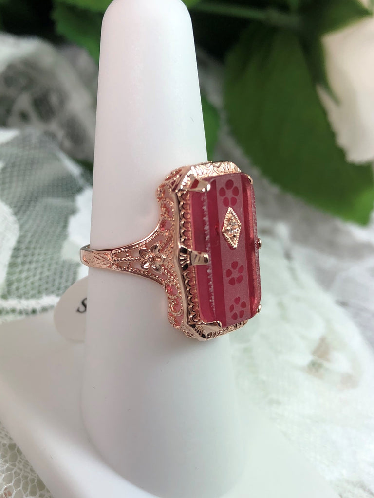 Rose-Pink Camphor Glass Ring, Rose gold over sterling silver, with Inset Gem; choice of White CZ, Lab Moissanite, or Genuine Diamond, Edwardian Jewelry, Silver Embrace Jewelry D232