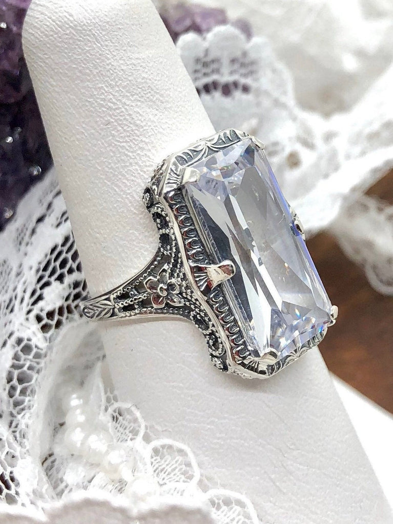 Clear Cubic Zirconia (CZ) Ring, Edwardian Jewelry, Sterling silver filigree, Silver Embrace Jewelry D232