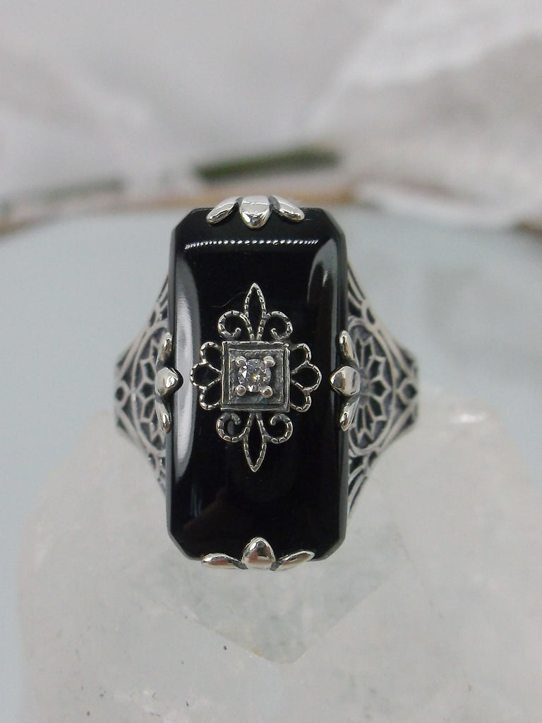 Black Camphor Glass Ring with White CZ inset, Grace Design#233, Art Deco Jewelry, Silver Embrace Jewelry