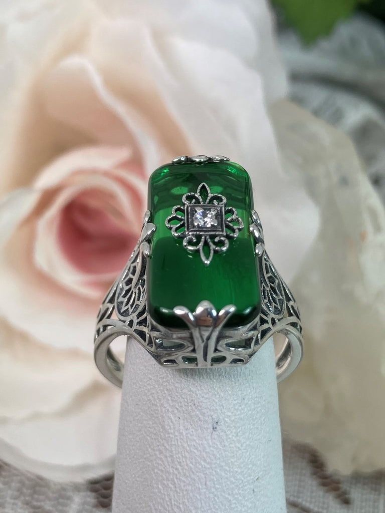Green Emerald Camphor Glass Ring with lab moissanite inset, Grace Design#233, Art Deco Jewelry, Silver Embrace Jewelry