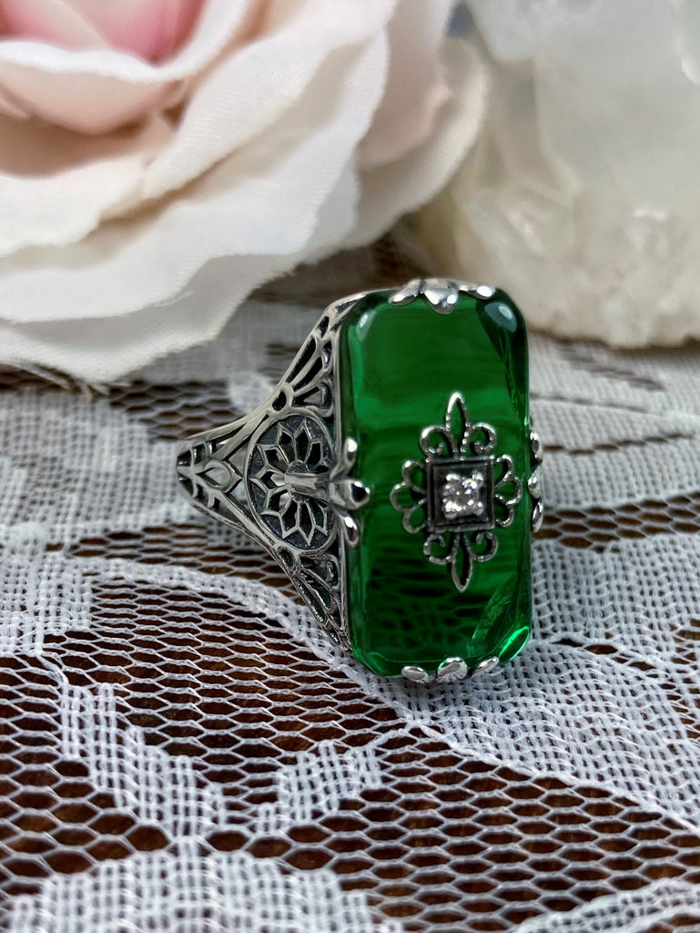 Emerald Green Camphor Glass Ring with natural diamond inset, Grace Design#233, Art Deco Jewelry, Silver Embrace Jewelry