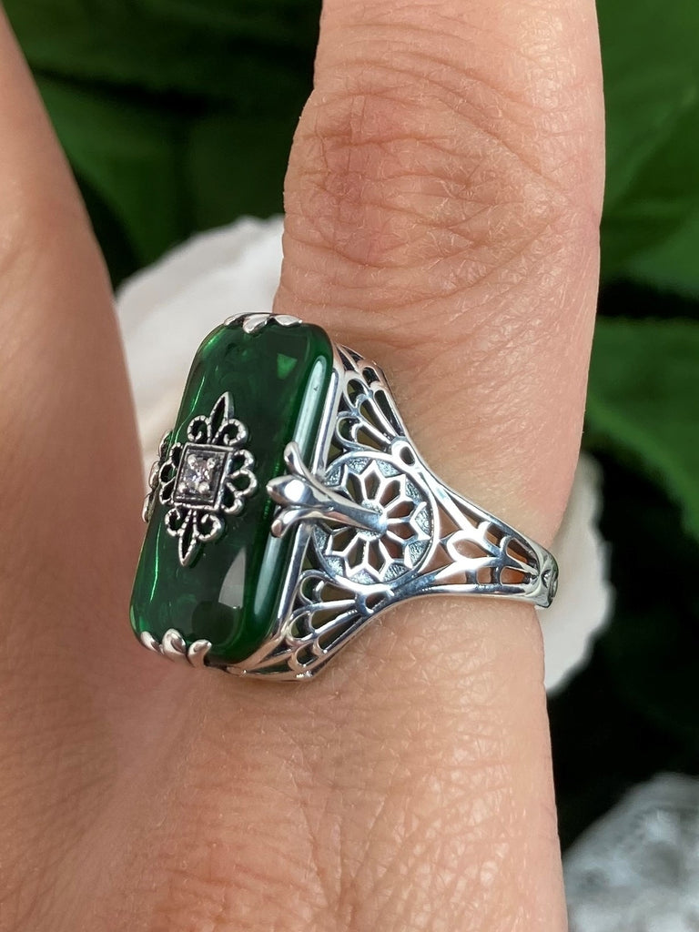 Emerald Green Camphor Glass Ring with white CZ inset, Grace Design#233, Art Deco Jewelry, Silver Embrace Jewelry