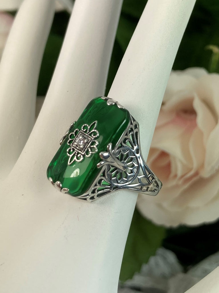 Emerald Green Camphor Glass Ring with white CZ inset, Grace Design#233, Art Deco Jewelry, Silver Embrace Jewelry