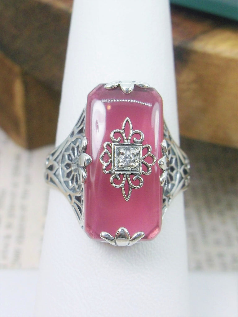 Rose-Pink Camphor Glass Ring with natural diamond inset, Grace Design#233, Art Deco Jewelry, Silver Embrace Jewelry