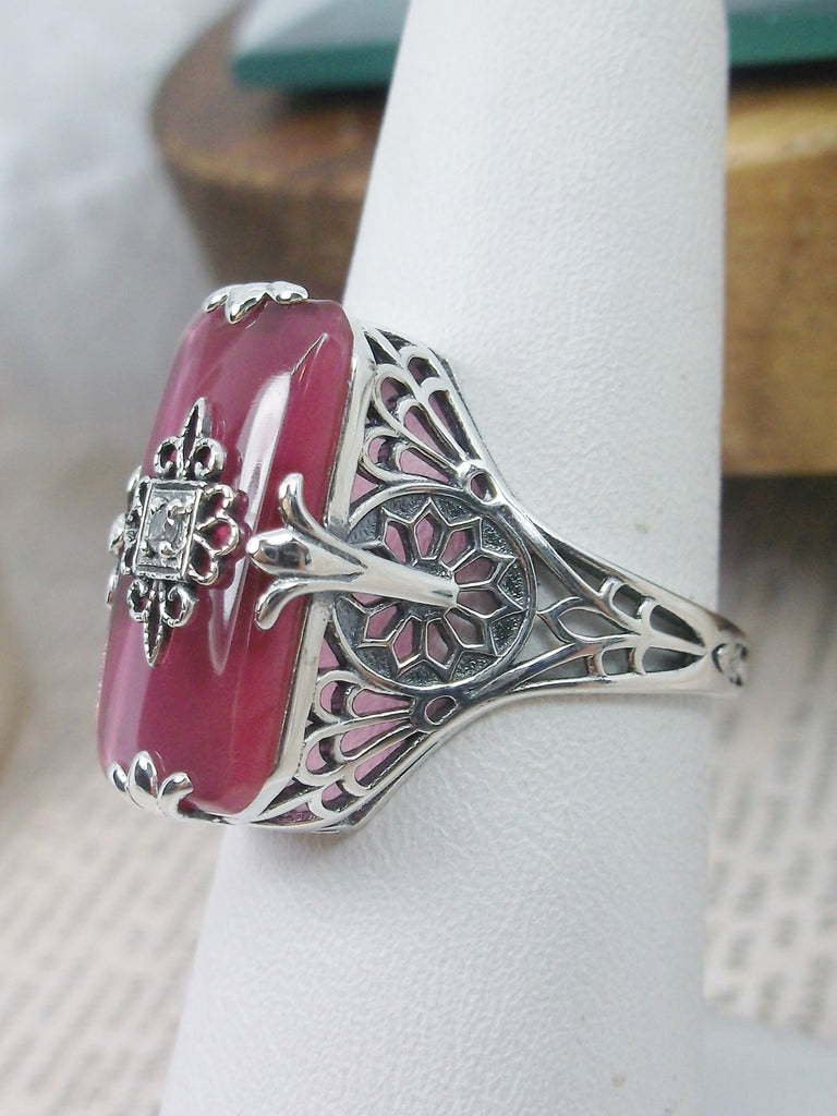Rose-Pink Camphor Glass Ring with white CZ inset, Grace Design#233, Art Deco Jewelry, Silver Embrace Jewelry
