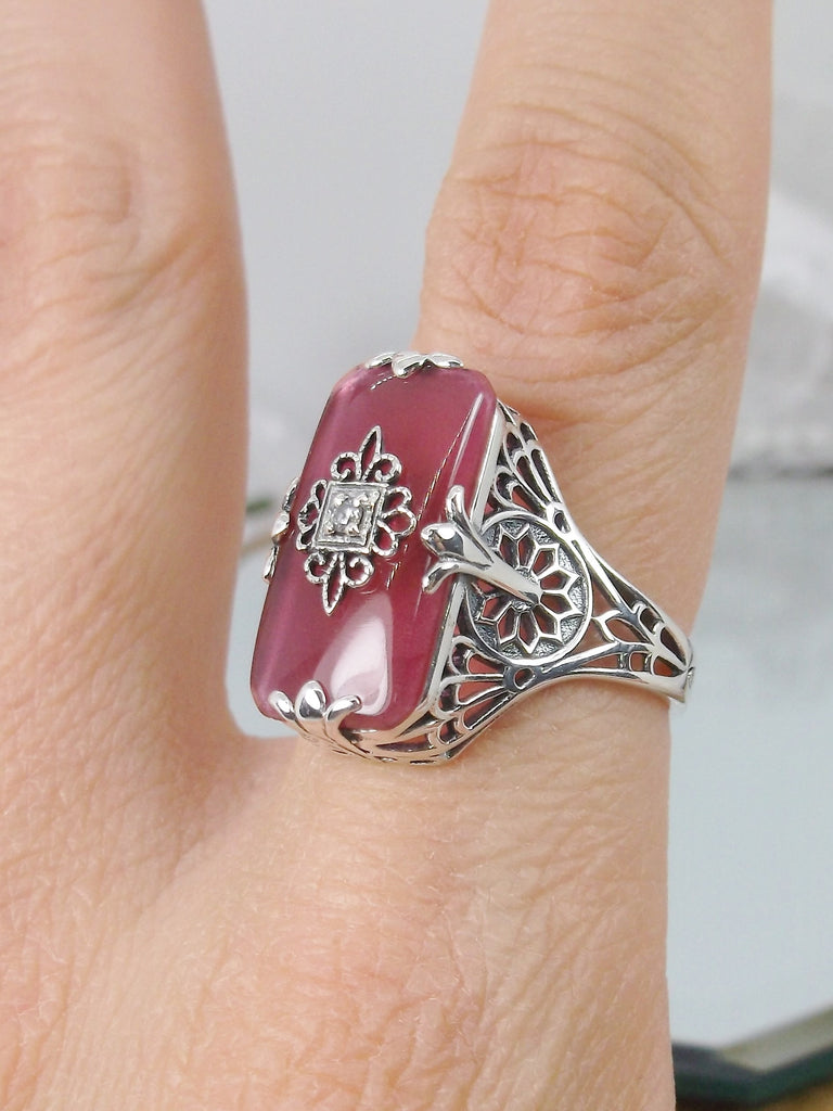 Petal Pink Glass Ring, Grace Ring, Embellished Sterling Silver Filigree, Edwardian Jewelry, Inset Gem, Silver Embrace Jewelry, D233