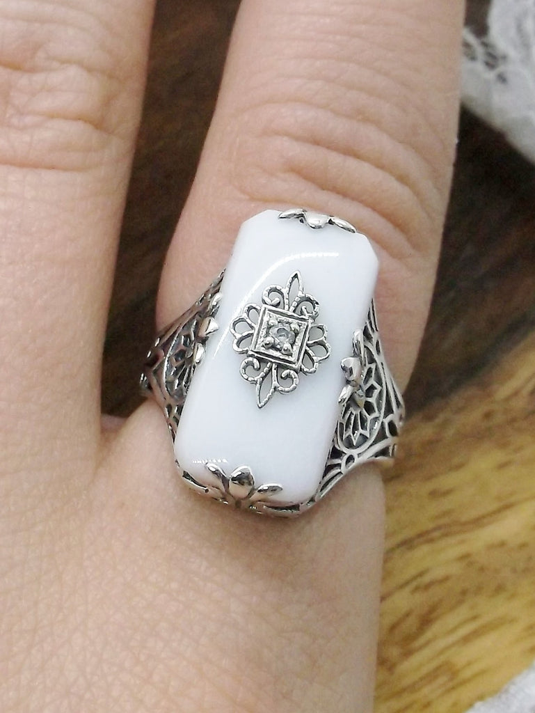 White Camphor Glass Ring with Natural Diamond inset, Grace Design#233, Art Deco Jewelry, Silver Embrace Jewelry
