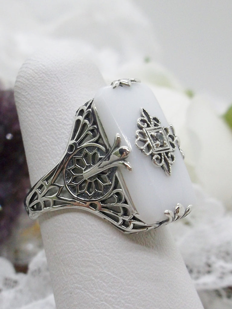 White Camphor Glass Ring with White CZ inset, Grace Design#233, Art Deco Jewelry, Silver Embrace Jewelry