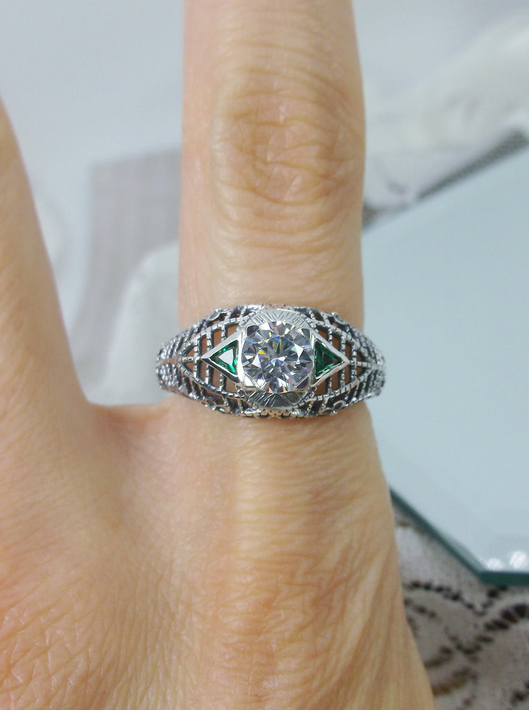 White Cubic Zirconia Ring with Emerald Accents, Sterling silver filigree, Art Deco Jewelry, Silver Embrace Jewelry D235