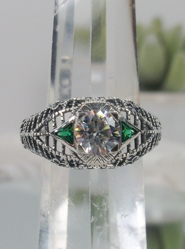 White Cubic Zirconia Ring with Emerald Accents, Sterling silver filigree, Art Deco Jewelry, Silver Embrace Jewelry D235