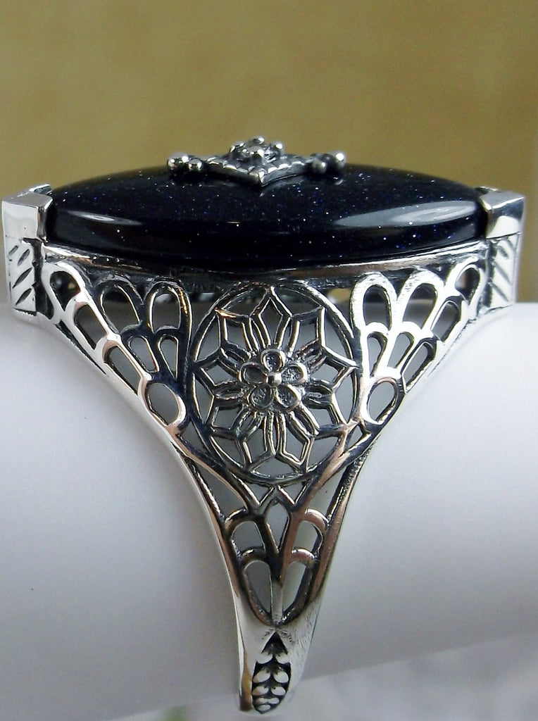 Sparkle Black Camphor Glass Ring, Marquise shape CZ inset gem, Edwardian Silver Filigree Jewelry