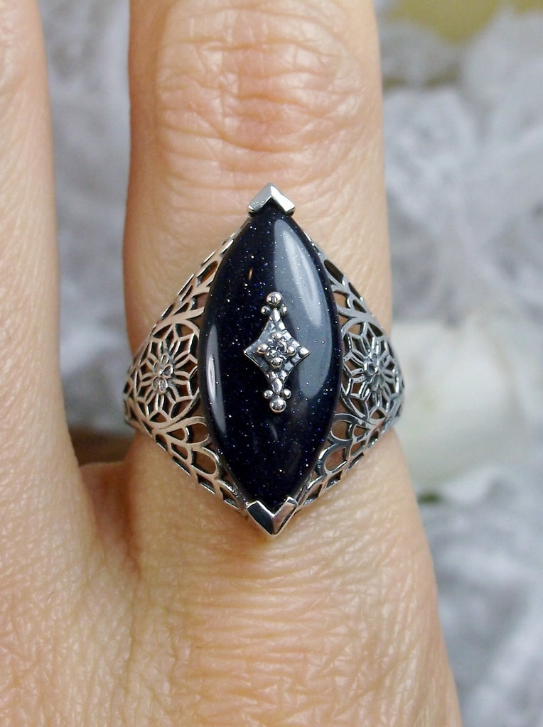 Sparkle Black Camphor Glass Ring, Marquise shape CZ inset gem, Edwardian Silver Filigree Jewelry