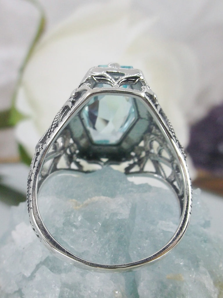 Aquamarine Ring, Sky Blue Hexagon Gem, Art Deco Sterling Silver Filigree, Edwardian Jewelry, Silver Embrace Jewelry, D237