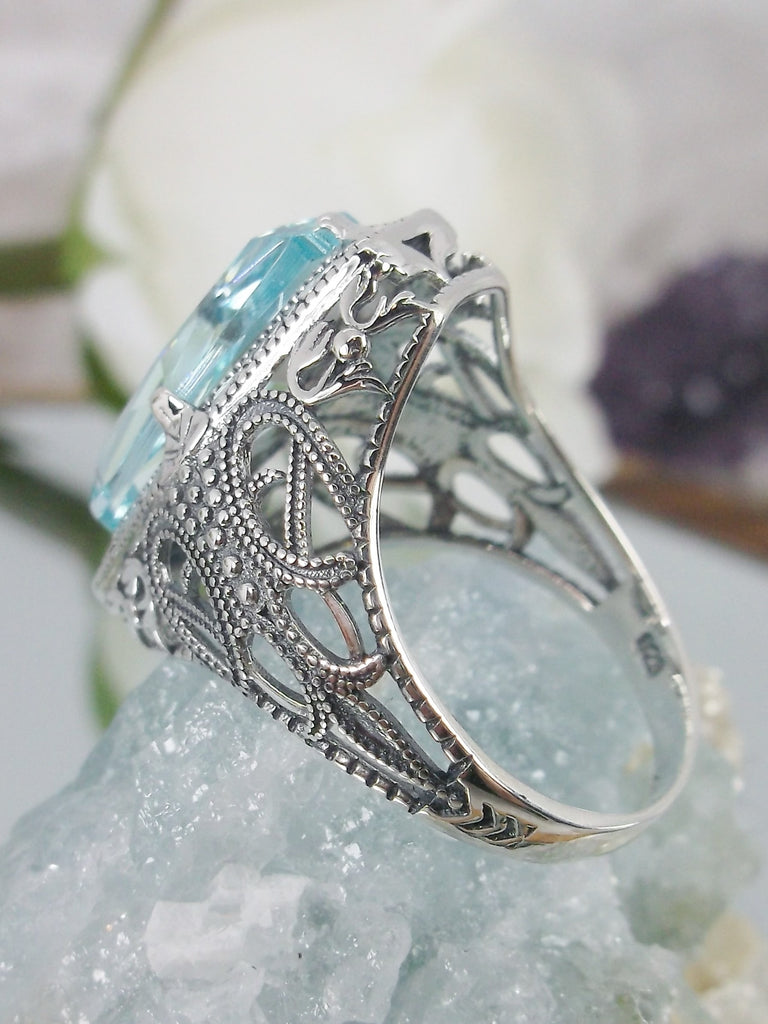 Aquamarine Ring, Sky Blue Hexagon Gem, Art Deco Sterling Silver Filigree, Edwardian Jewelry, Silver Embrace Jewelry, D237