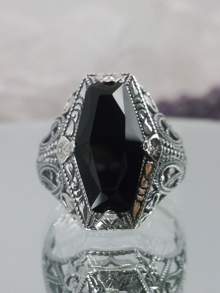 Black Onyx Hexagon Ring, Art Deco Sterling Silver Filigree, Edwardian Jewelry, Silver Embrace Jewelry, D237