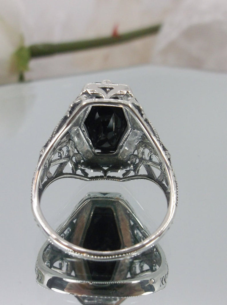 Black Onyx Hexagon Ring, Art Deco Sterling Silver Filigree, Edwardian Jewelry, Silver Embrace Jewelry, D237