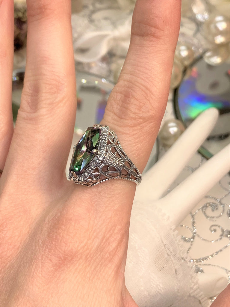 Mystic Topaz Ring, Hexagon Gem with Art Deco Filigree, Vintage Jewelry, Silver Embrace Jewelry D237